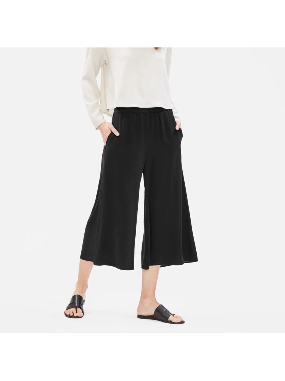 Eileen Fisher Silk Georgette Crepe Cropped Pants Size Small Black